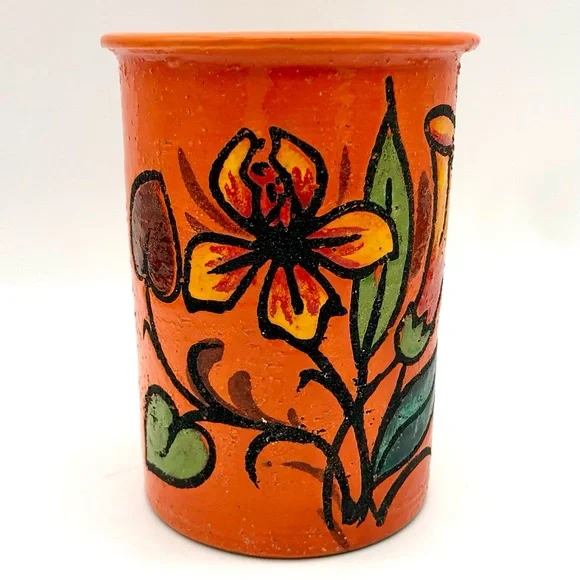 Italian Pottery Wine Crock Vase Atomic Orange Textured Lava Lily Flower Italy